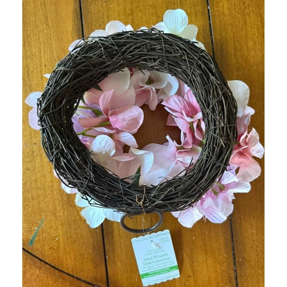 Ashland Mini Wreath Faux Pink Rose & Cream Hydrangea Floral Approx 7.5” Spring